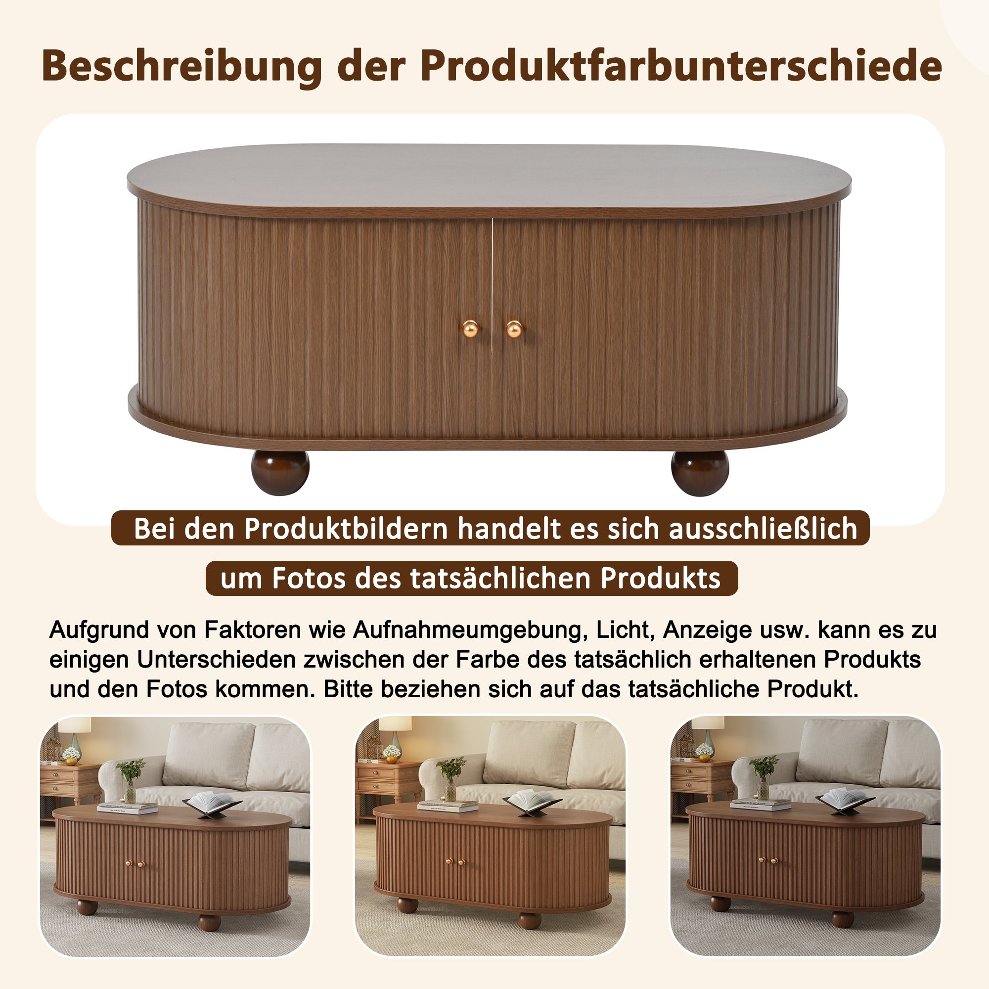 Table basse ovale avec 2 portes coulissantes à 360 degrés - 100 x 50 x 40 cm - MDF et pièds ronds - Noyer - 8