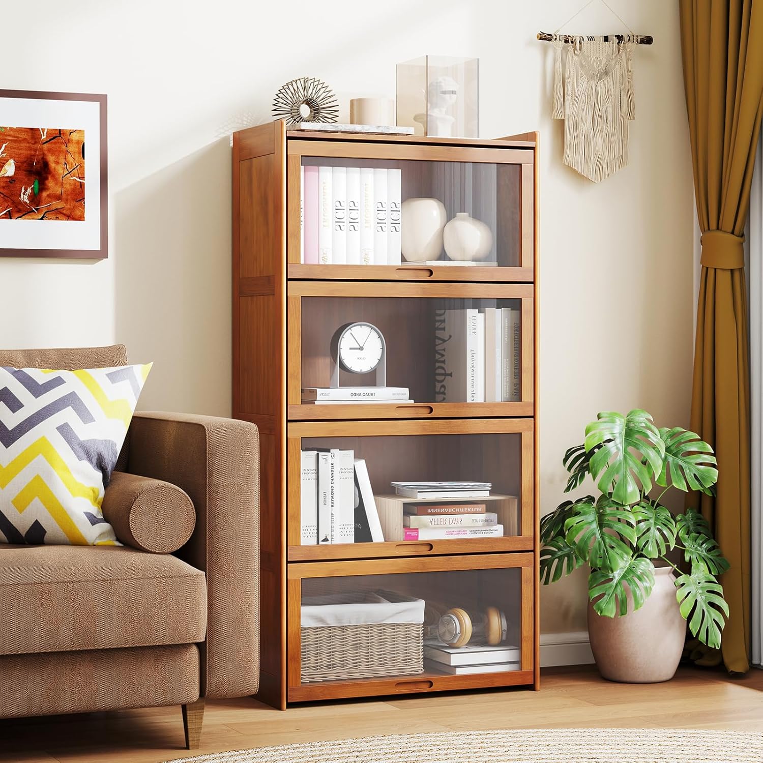 Bibliothèque à 4 Niveaux avec Portes, Étagère en Bambou de 140 cm avec Portes en Acrylique Transparent, pour Bureau, Salon, Chambre (Marron) - 2