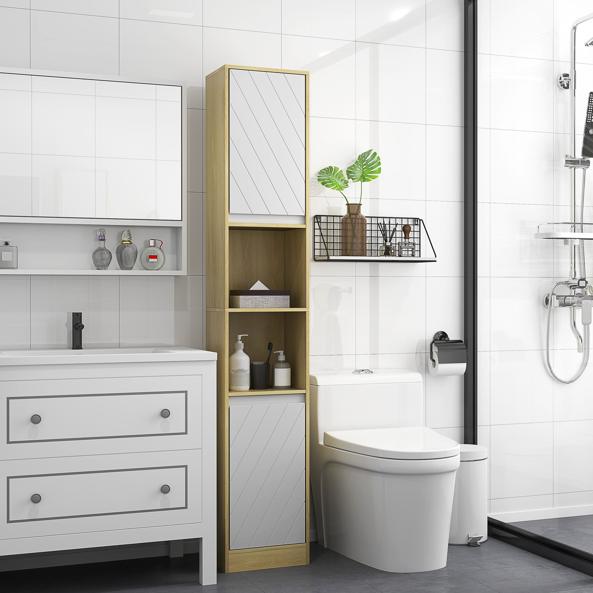 COLONNA BAGNO IN TRUCIOLATO CON 2 RIPIANI APERTI E 2 ARMADIETTI A 2 Livelli 30x30x183 Cm Nero E Grigio 84075675 - 5