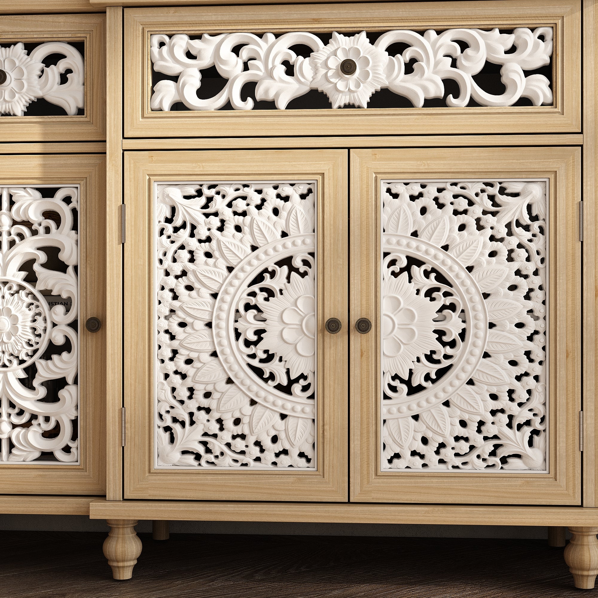 Buffet de Salon avec Décor Mural, 3 Tiroirs et 4 Portes avec Façade Sculptés et Ajourés, Chambre et Salon, 150x40x90, Blanc et Chêne - 5