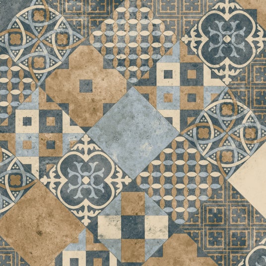 Subsuelo textil de pvc - baldosas art deco - terre de sienne y gris azul - rollo 4m x 3m