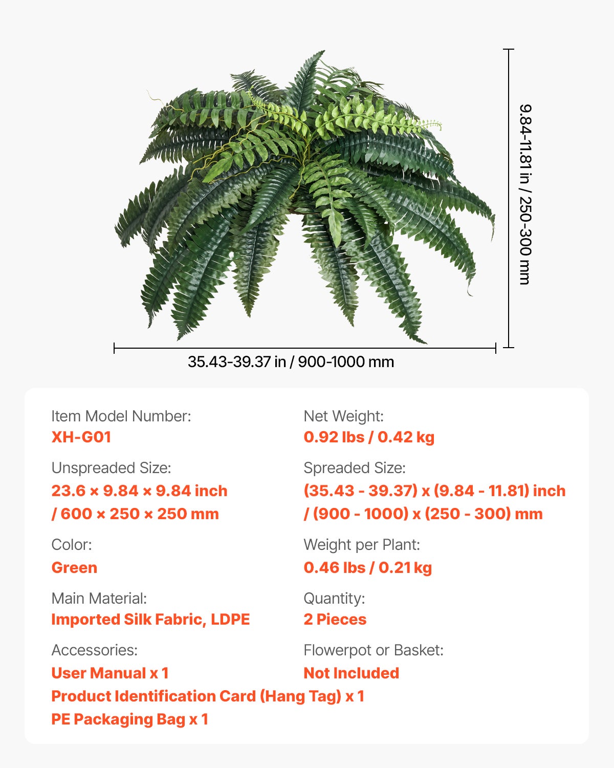 Felce artificiale,set da VEVOR 2,90-100 cm,falsa felce di Boston,pianta artificiale sospesa con 35 foglie,senza vaso - 7