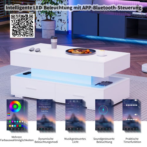 Table basse relevable LED 100x50x44 cm , Bluetooth, 2 Tiroirs et Rangement - pour Salon - Blanc - 6