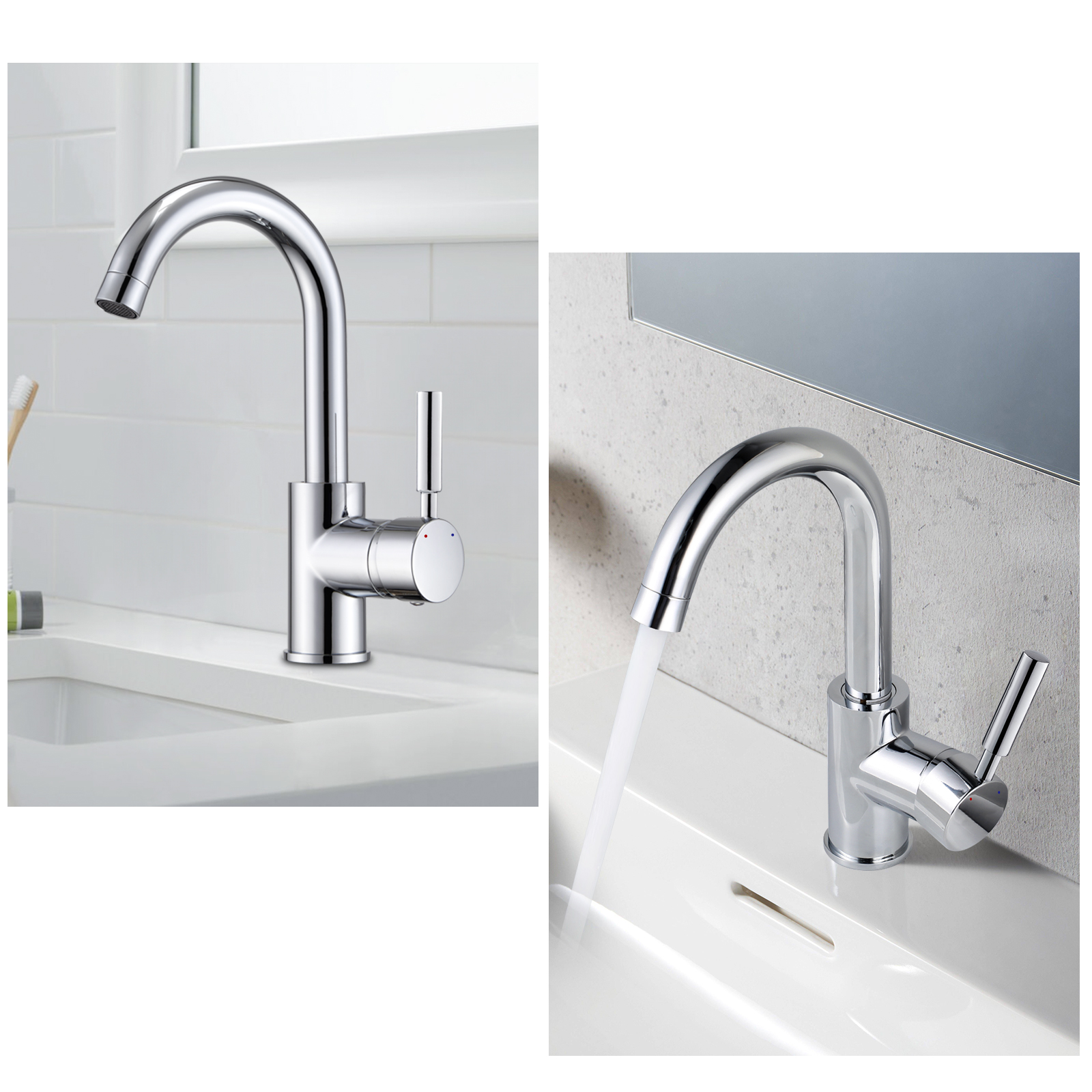 LOVHAUS Bateria Łazienkowa, Obrotowa w 360° Bateria Umywalkowa, Chromowana Mosiądz Bateria z Mieszaczem Ciepłej/Zimnej Wody 2 Sztuki