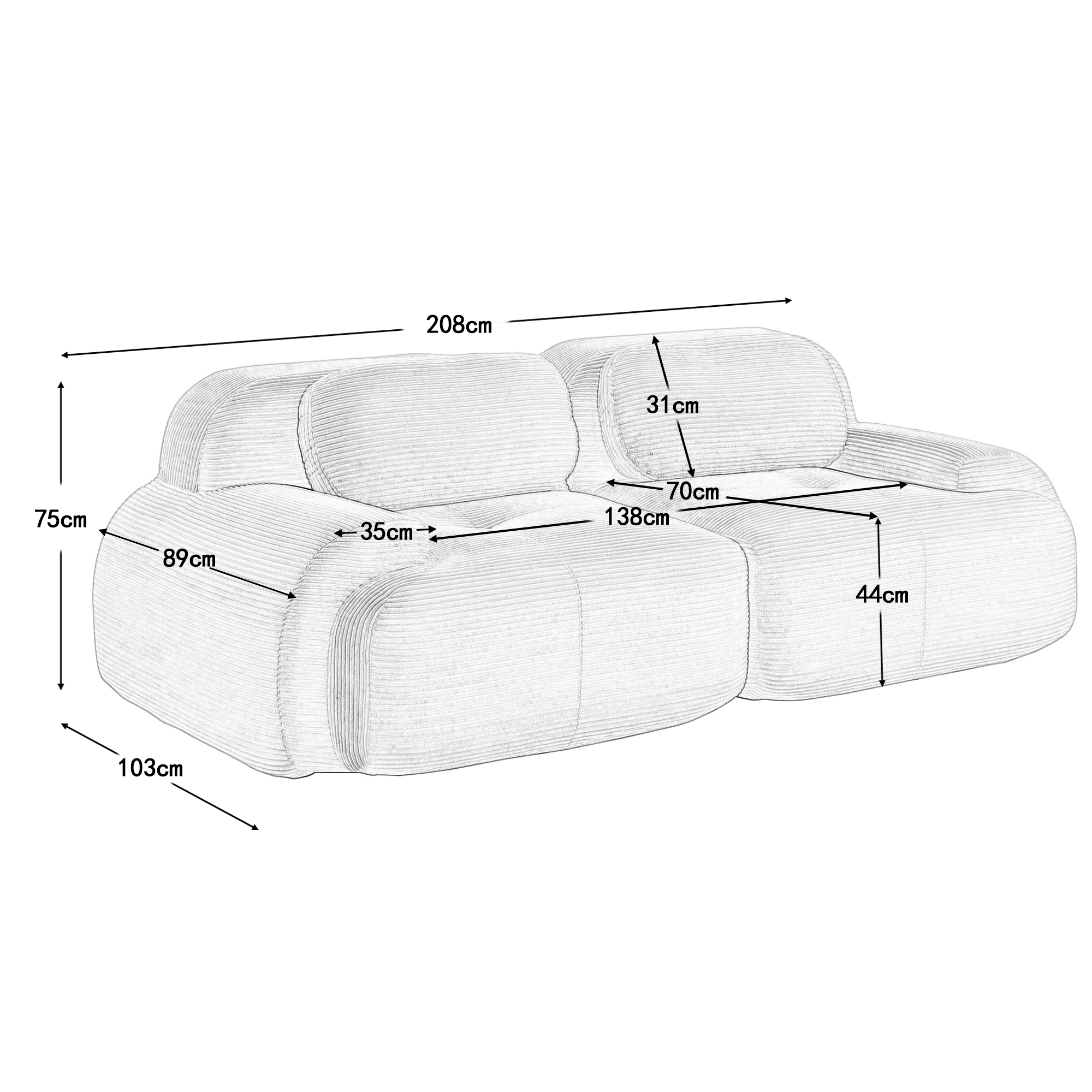Canapé d\'angle 2 places 208 cm, modulable avec accoudoirs incurvés, antidérapant - pieds élargis – tissu velours côtelé – noir - 7