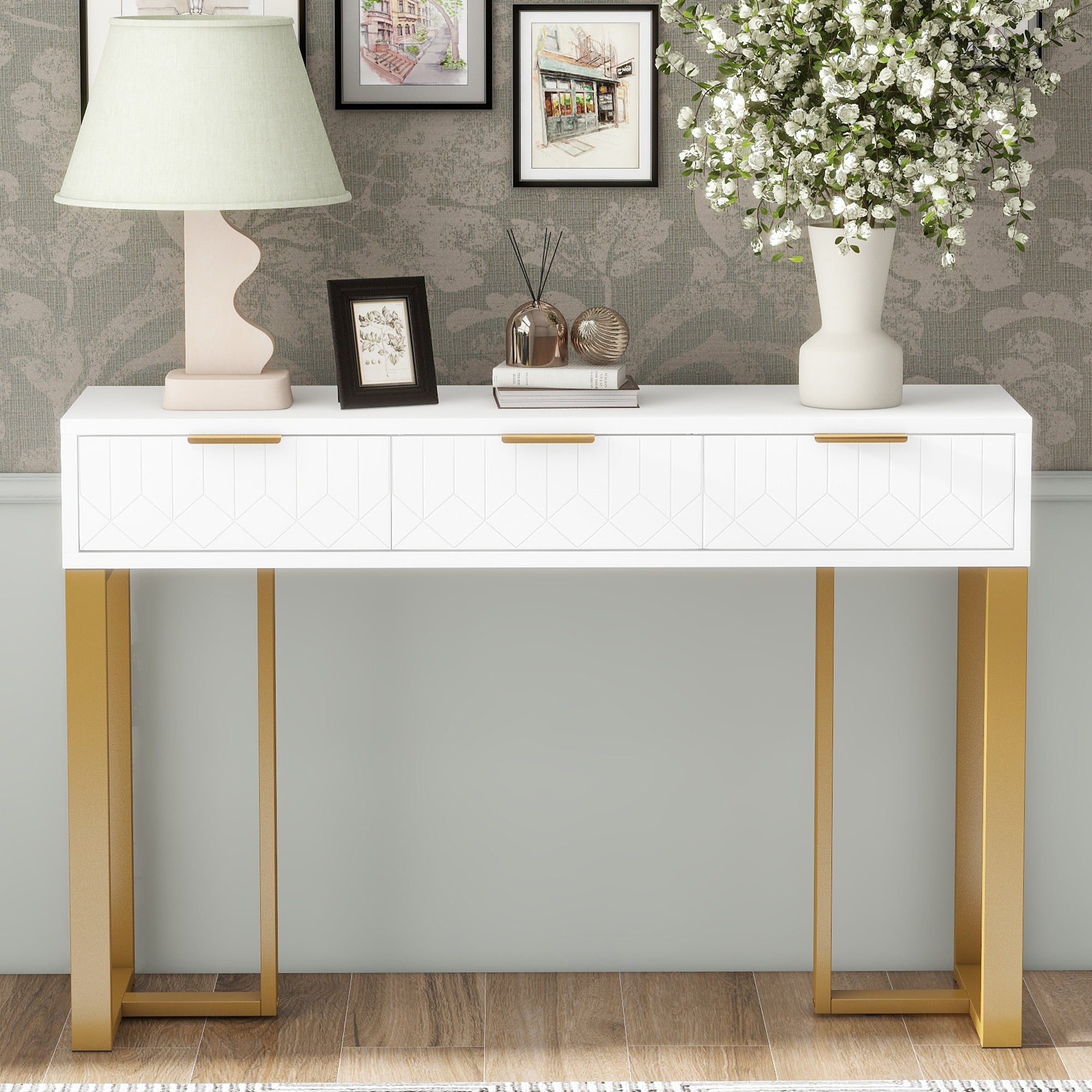 Table console moderne avec 3 tiroirs - 120 x 36 x 80 cm - MDF - pour salon, couloir - blanc + or - 2