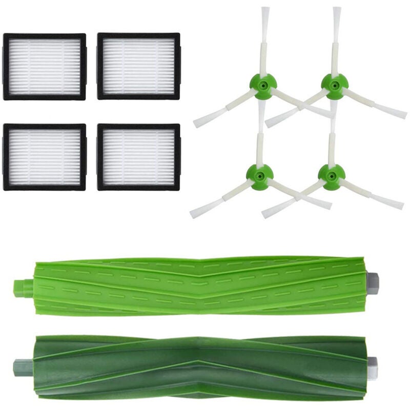 Kit de întreținere cu 9 piese compatibil cu Roomba i3/i4/i7/E5/E6/E7. Piese de schimb pentru perie, filtru și aspirator. Eficient și ușor de instalat.