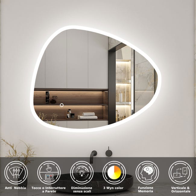 Specchio Da Bagno A Led Ovale A Goccia 60x80 Cm Con 3 Luci Regolabili, Antiappannamento E Antideflagrante, Specchio Da Parete Senza Cornice