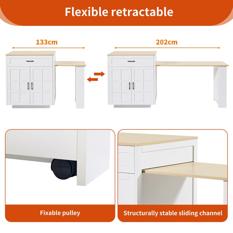 Table a Manger Extensible avec Espace de Rangement, Desserte Cuisine avec Deux tiroirs et Quatre Compartiments,Blanc(133-202×70×93,5cm) - 8