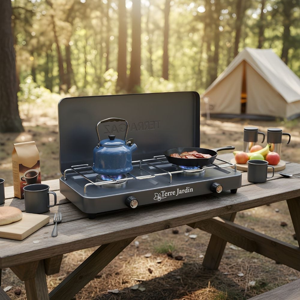 Réchaud de camping 2 feux gaz anthracite 42 × 22 cm avec couvercle pliable Terragaz - 7