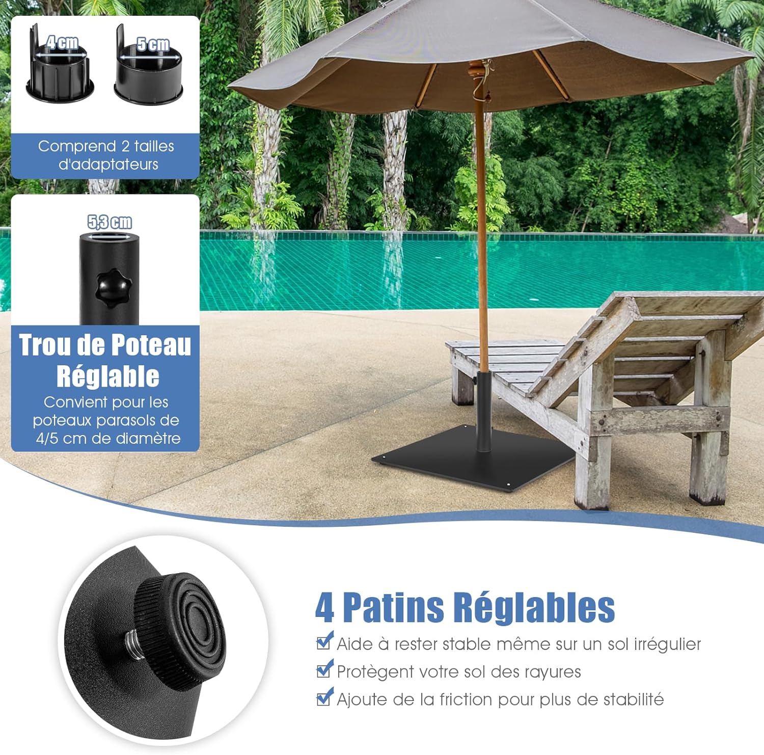 Pied de Parasol Lourd 50x50cm 16kg, Socle Parasol Extérieur Carré - 5