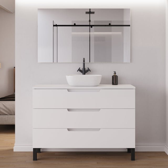 Meuble de salle de bain 120cm avec plateau et vasque à poser arrondie - 3 tiroirs - blanc mat - RIZA