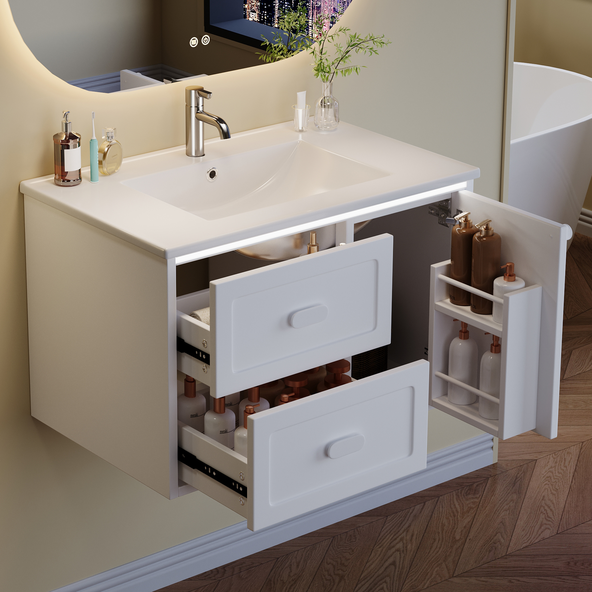 Mueble de baño suspendido con iluminación LED, sensor de radar y 2 ...