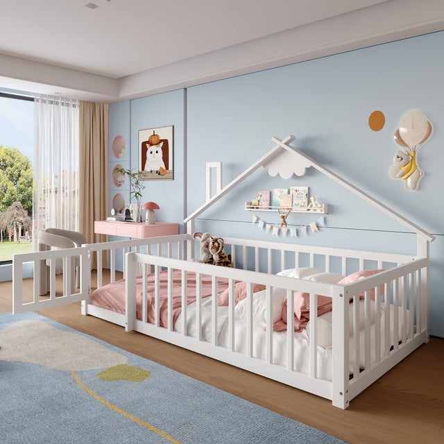 Lit cabane enfant 90x190cm - avec barrières de sécurité - bois massif - blanc (sans matelas)