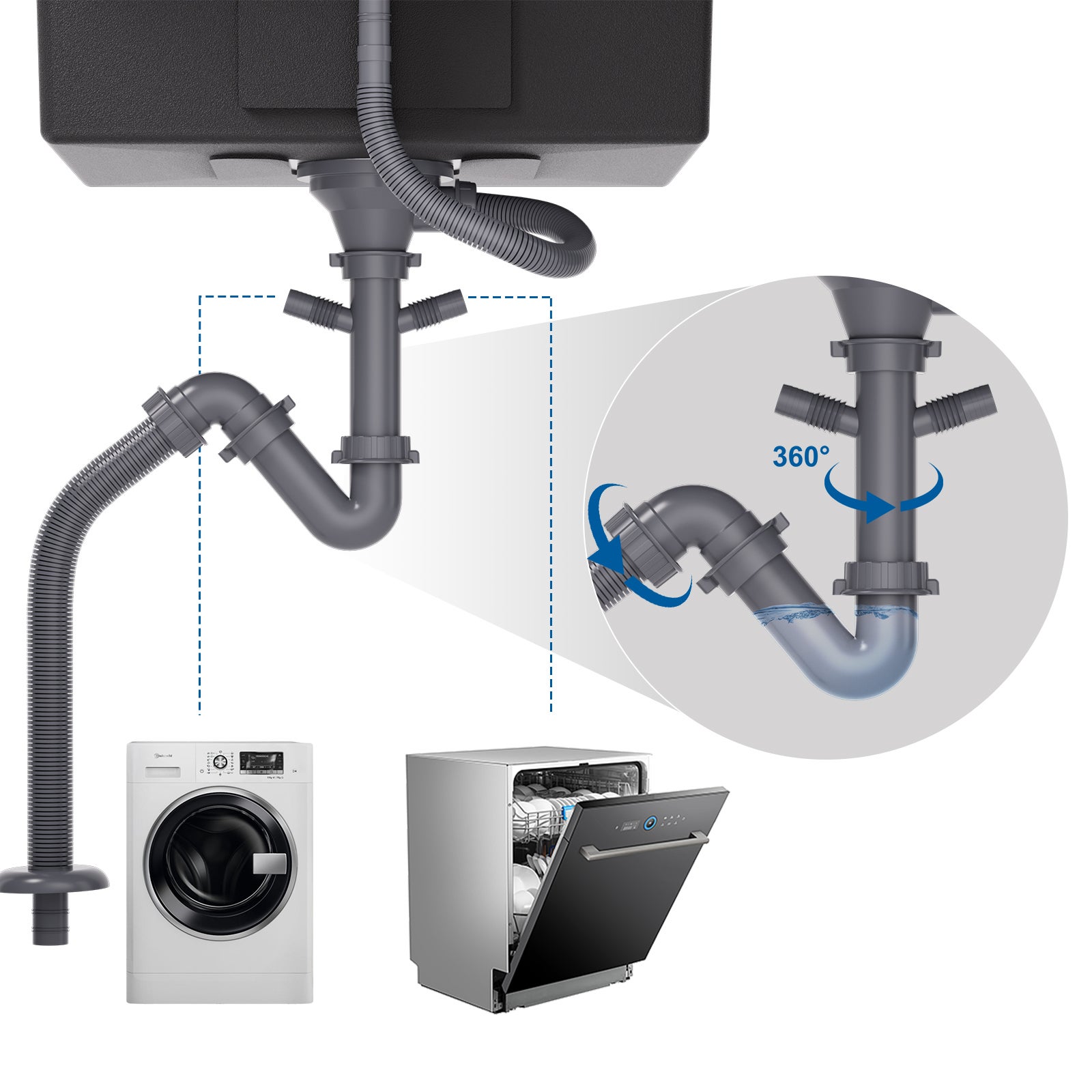 AuraLum Max Évier Cuisine 1 Bac 55*44*19CM Évier Montage à Encastrer,à Fleur/Sous-Plan &nbsp;Évier en Inox 304 Brossé avec Siphon /Trop-Plein,EU Modèle - 3