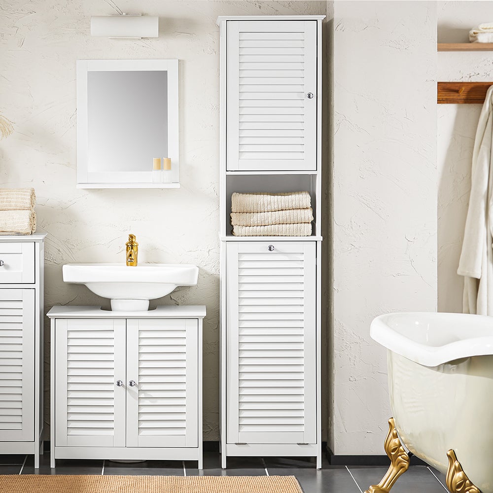 SoBuy Columna de Baño, Armario Alto con 1 Puerta de Persianas, 1 Cajón y 1 Cesto para Ropa Extraíble, Blanco, BZR124-W - 2