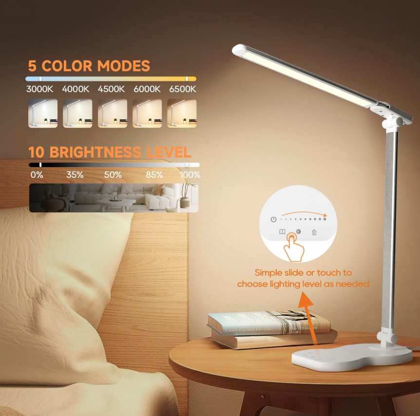 Lampe de bureau LED réglable, 5 couleurs et 10 niveaux de luminosité, lampe de lecture tactile avec minuterie 45 min, lampe de table LED - 3