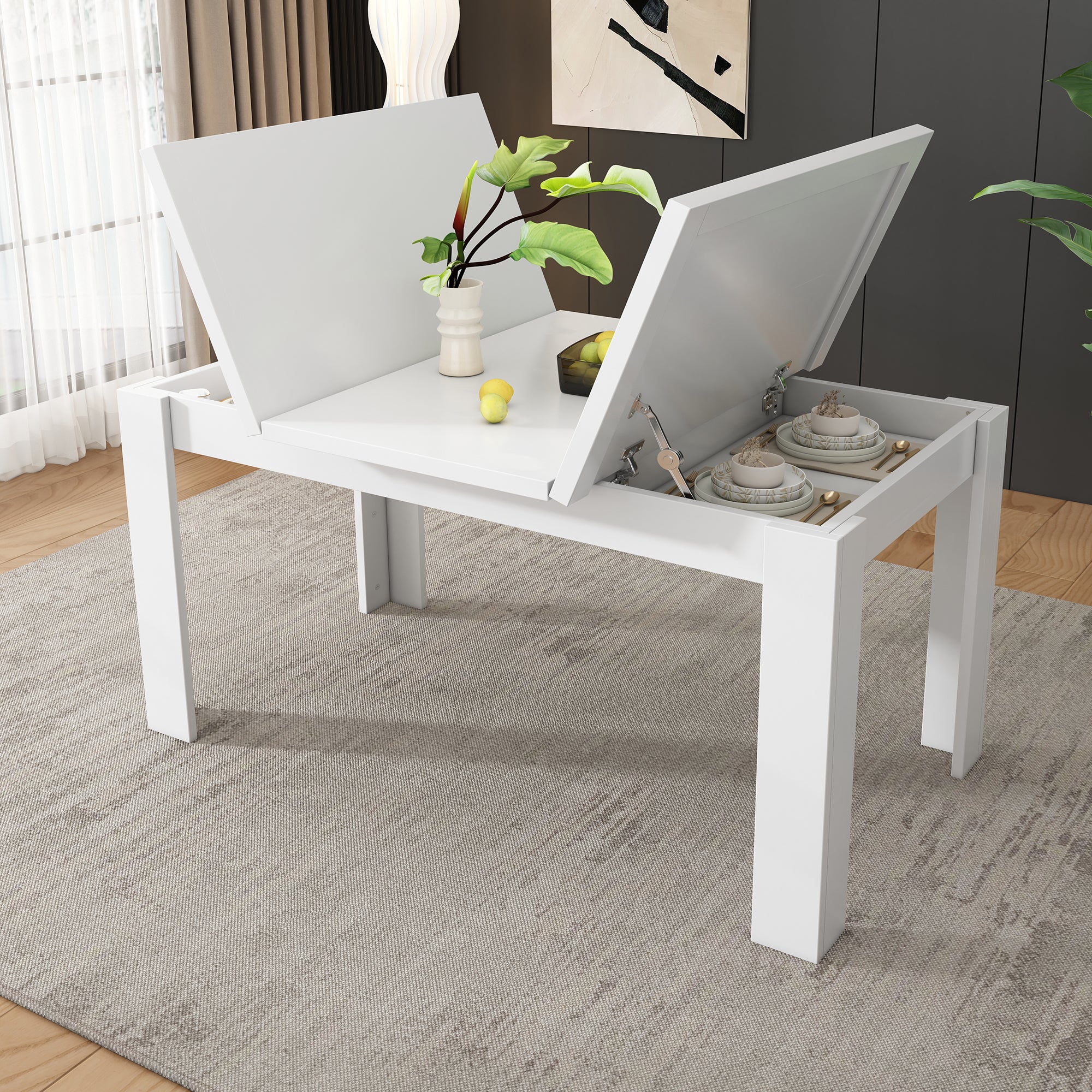 Table De Bar Pivotante 360° 120x40x97 Cm - Îlot Cuisine Extensible Avec Rangement, Portes Verre, MDF Blanc