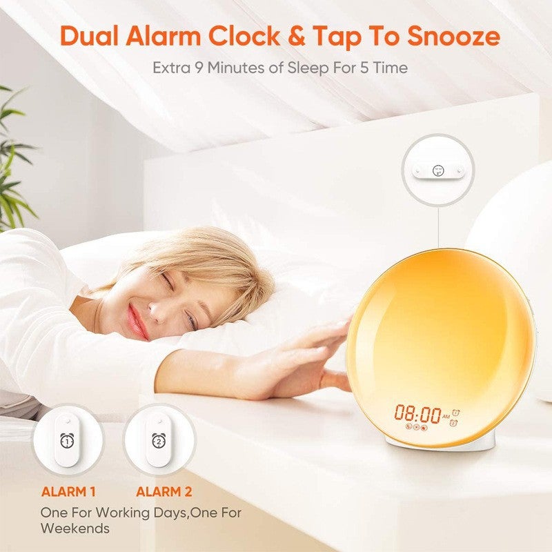 Réveil simulateur d'aube, conçu pour les gros dormeurs, avec lumière de réveil, bruit blanc et veilleuse 7 couleurs, idéal pour les chambres. - 4
