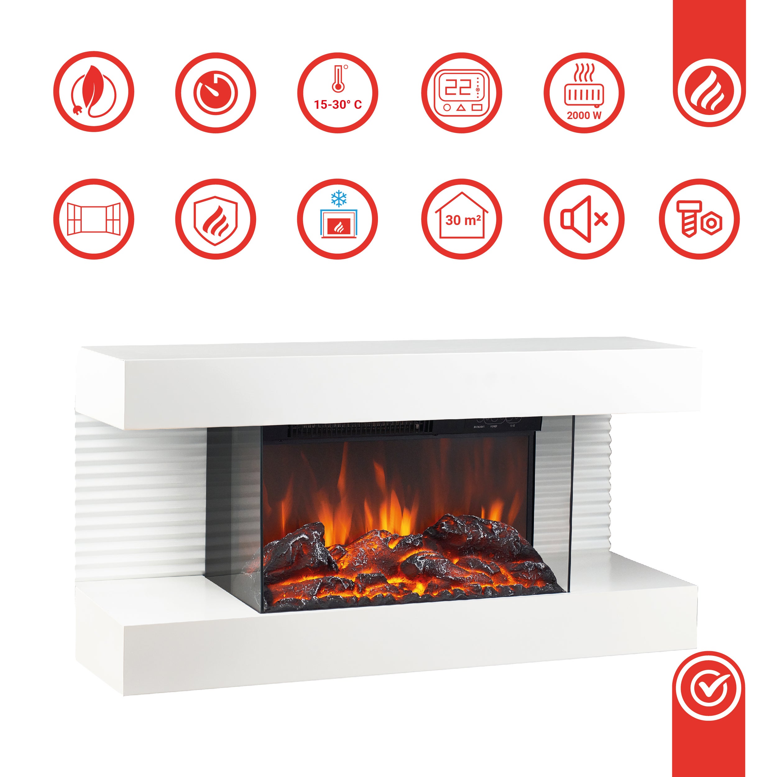 KAMINIO Cheminée Électrique LIZ - Cheminée Murale avec Chauffage, Effet de flamme 3D, Lumière d'ambiance LED, Télécommande - Blanc - 5