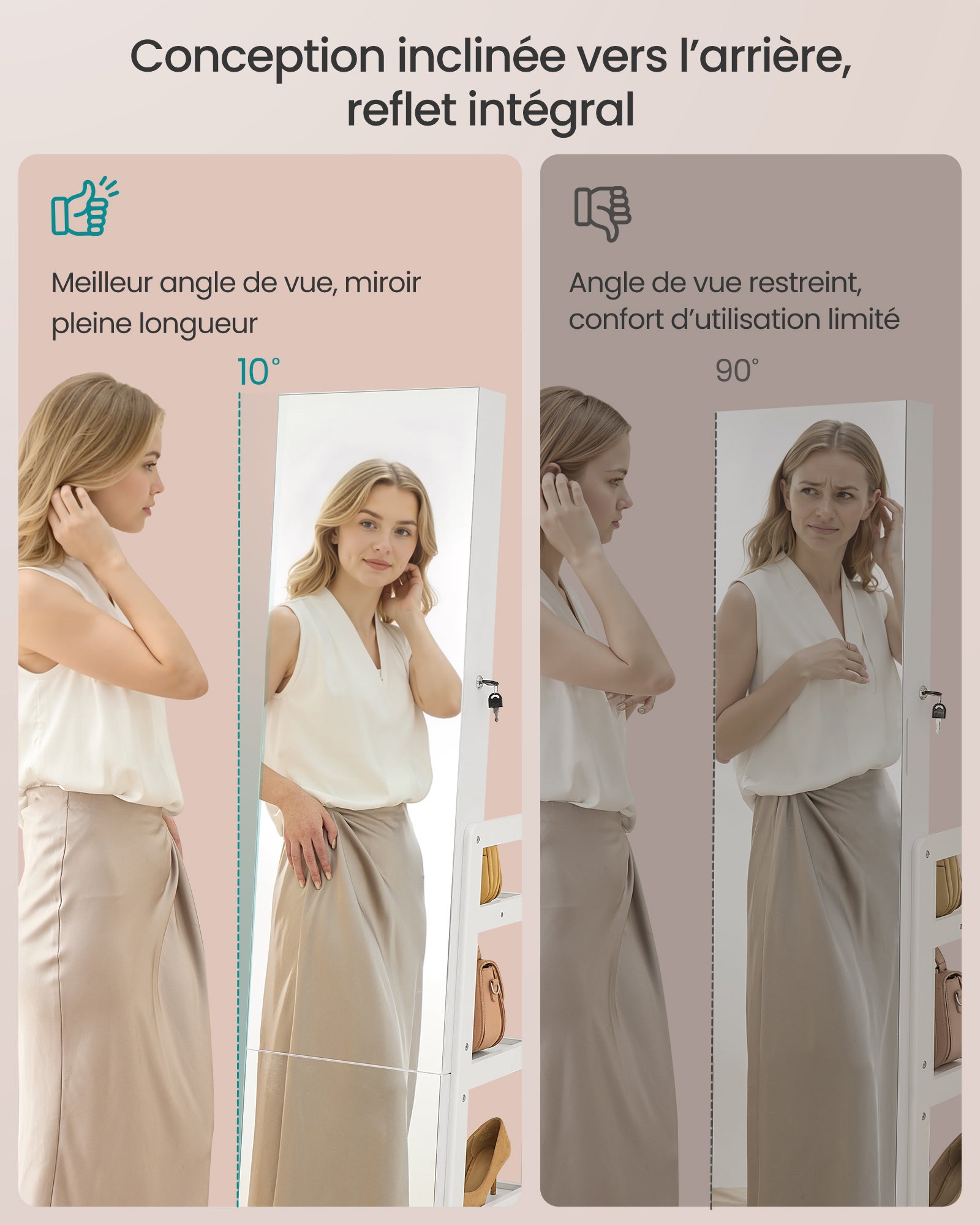 Armoire à Bijoux, Rangement à Bijoux, Miroir Intégral, 4 Étagères de Rangement, Éclairage Intégré, Rotation à 360°,Blanc - 4