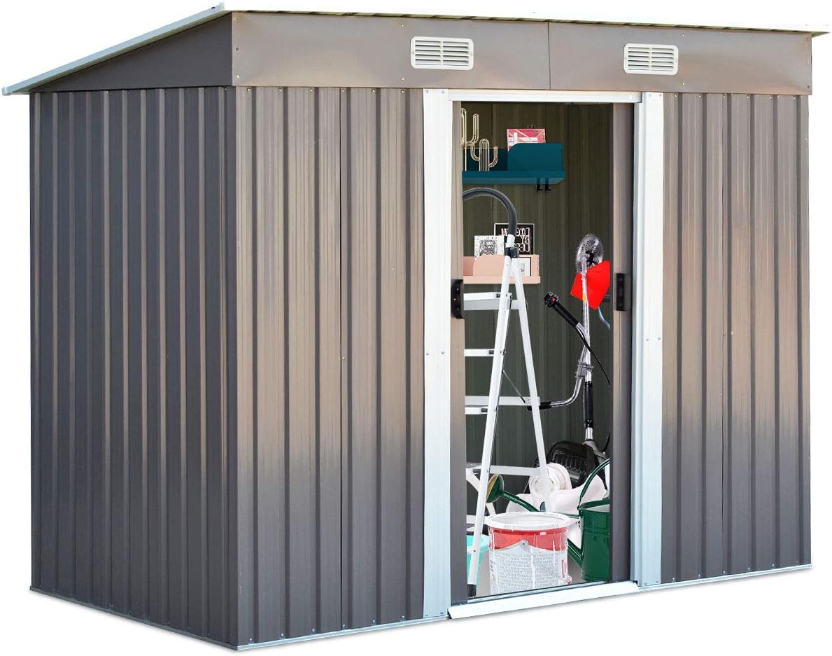 2,97 m² Metalowa Szopa Ogrodowa, Szopa na Narzędzia z Blachy Ocynkowanej, Szopa Ogrodowa z Drzwiami Przesuwnymi, Otwory Wentylacyjne, 238x131x181 cm