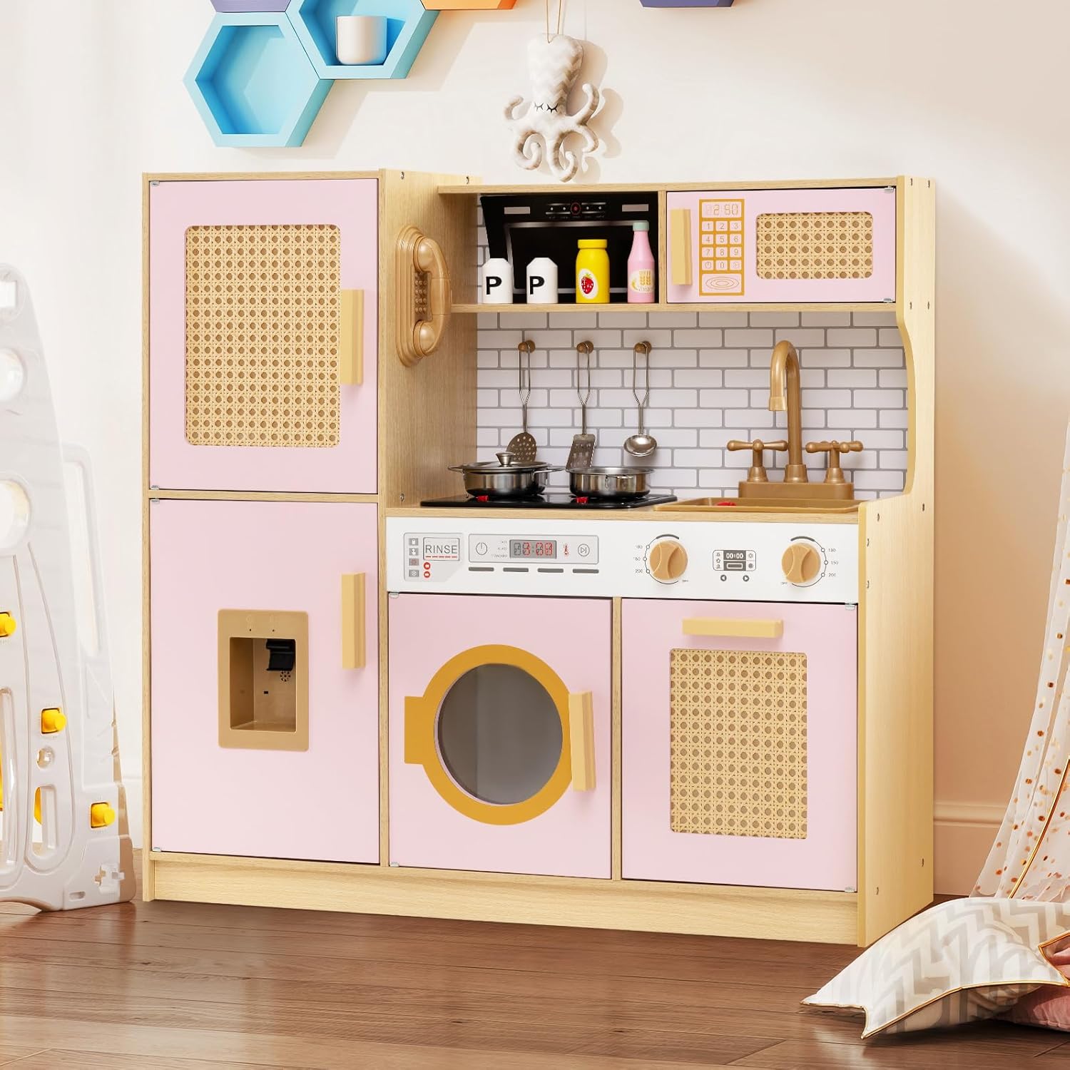 Cuisine en Bois Enfant avec Effet Sonore et Lumière, Kit Accessoires Cuisine Enfant avec Four, Machine à Laver, Téléphone, Cuisine de Jeu (Blanc) | Leroy Merlin