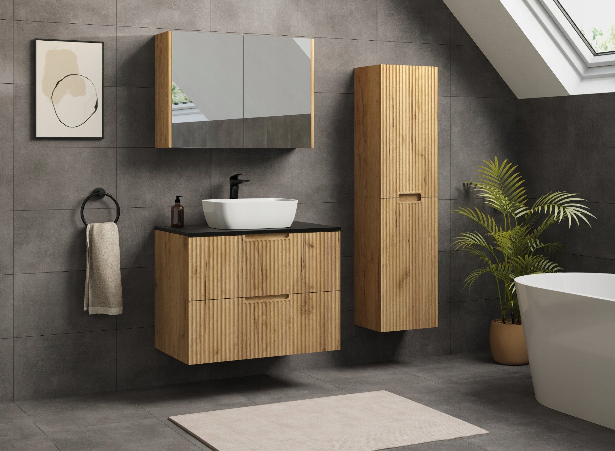 Meuble sous-vasque suspendu 80 cm effet chêne avec tiroirs façades MDF rainurées design moderne salle de bain Rodan - 2