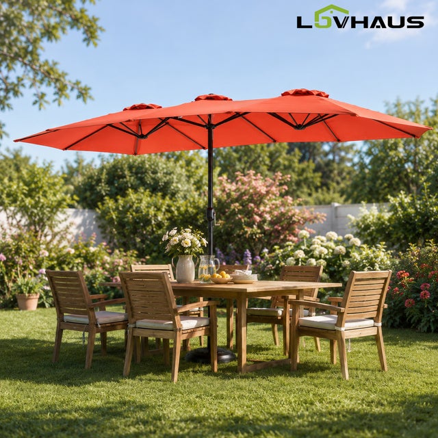 Parasol droit double rectangulaire 4,5m acier de jardin terrasse avec manivelle toile anti-UV Orange Sans base LOVHAUS
