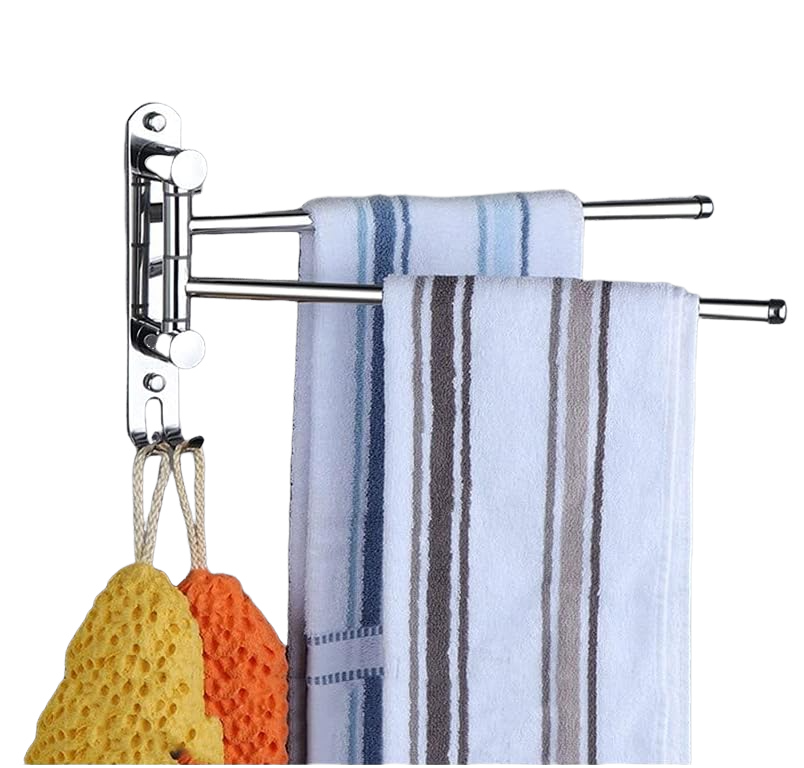 Obrotowy wieszak na ręczniki, 2-ramienny, ze stali nierdzewnej, montowany na ścianie z haczykami (srebrny)