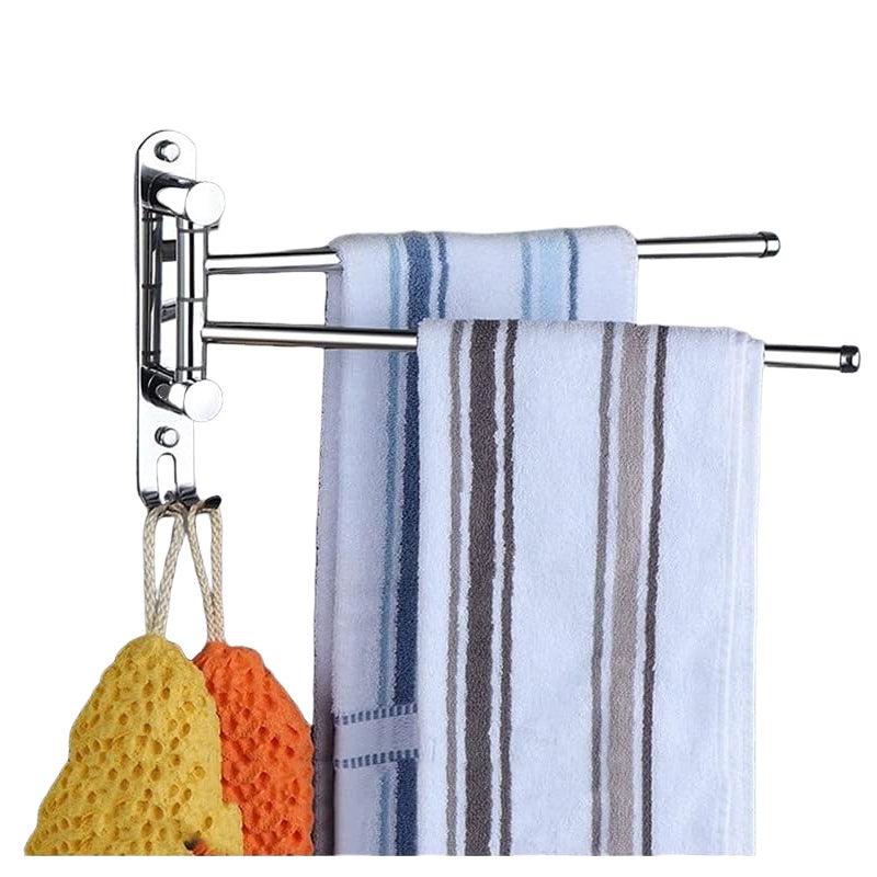 Obrotowy wieszak na ręczniki, 2-ramienny, ze stali nierdzewnej, montowany na ścianie z haczykami (srebrny)