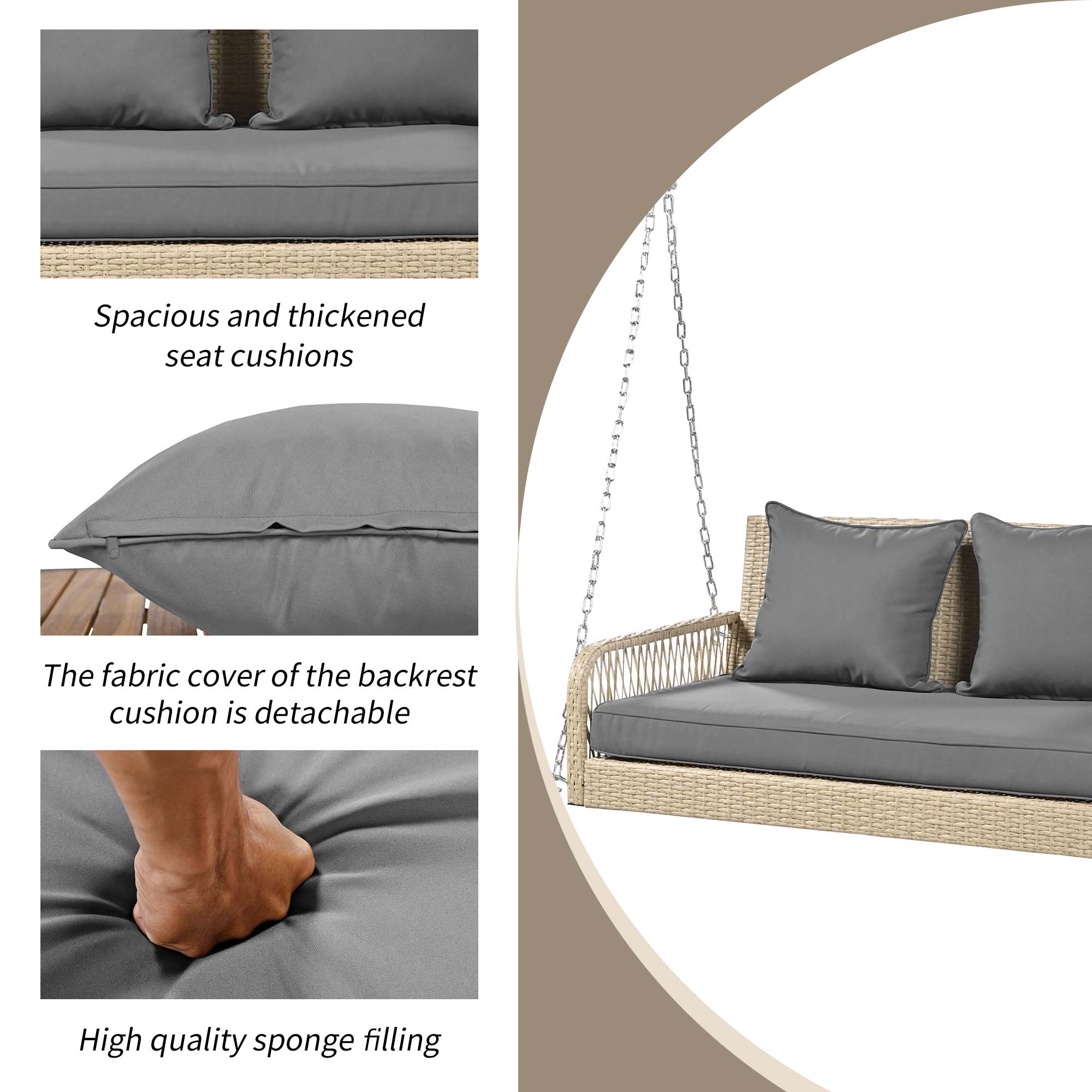 Balancelle de Jardin en Rotin Beige avec Coussins Beige – 2 Places, Élégante et Confortable - 6