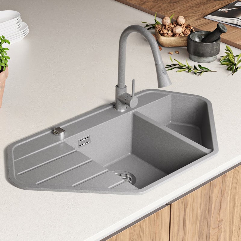 Zlewozmywak Narożny Szary 90x50cm, Zlew Kuchenny 1,5 Komorowy + Syfon, Nablatowy do szafki od 70cm - Kopenhaga Corner PRIMAGRAN