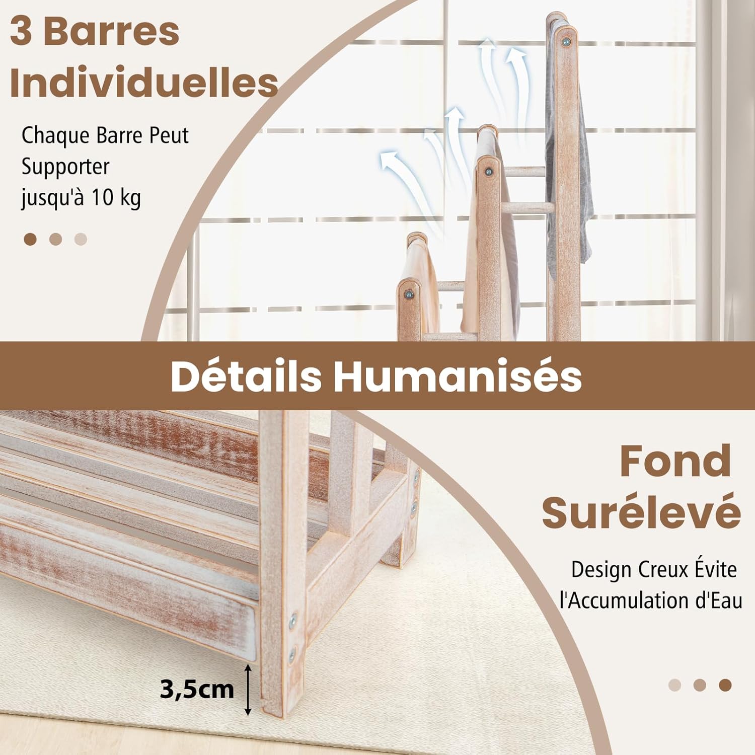 Porte-Serviettes sur Pied en Bois Massif, Porte-Serviettes avec 3 Barres Hauteur Différente et Étagère Inférieure Surélevée, 45x22x86cm, Blanc - 3