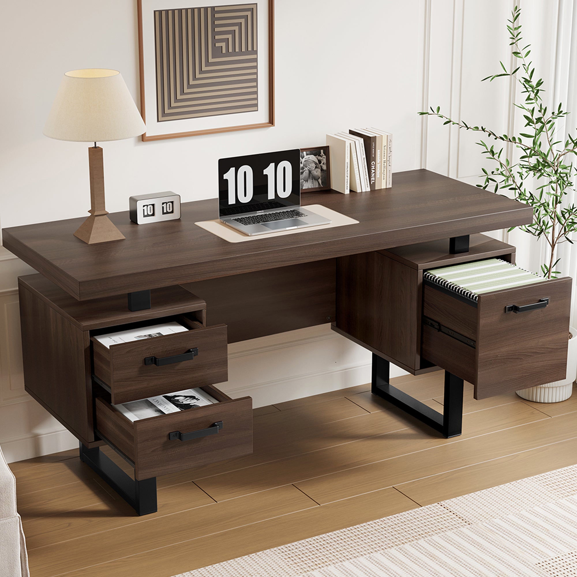 Biurko z 3 szufladami - 135 x 54 x 76 cm - MDF i rura stalowa - Brązowe