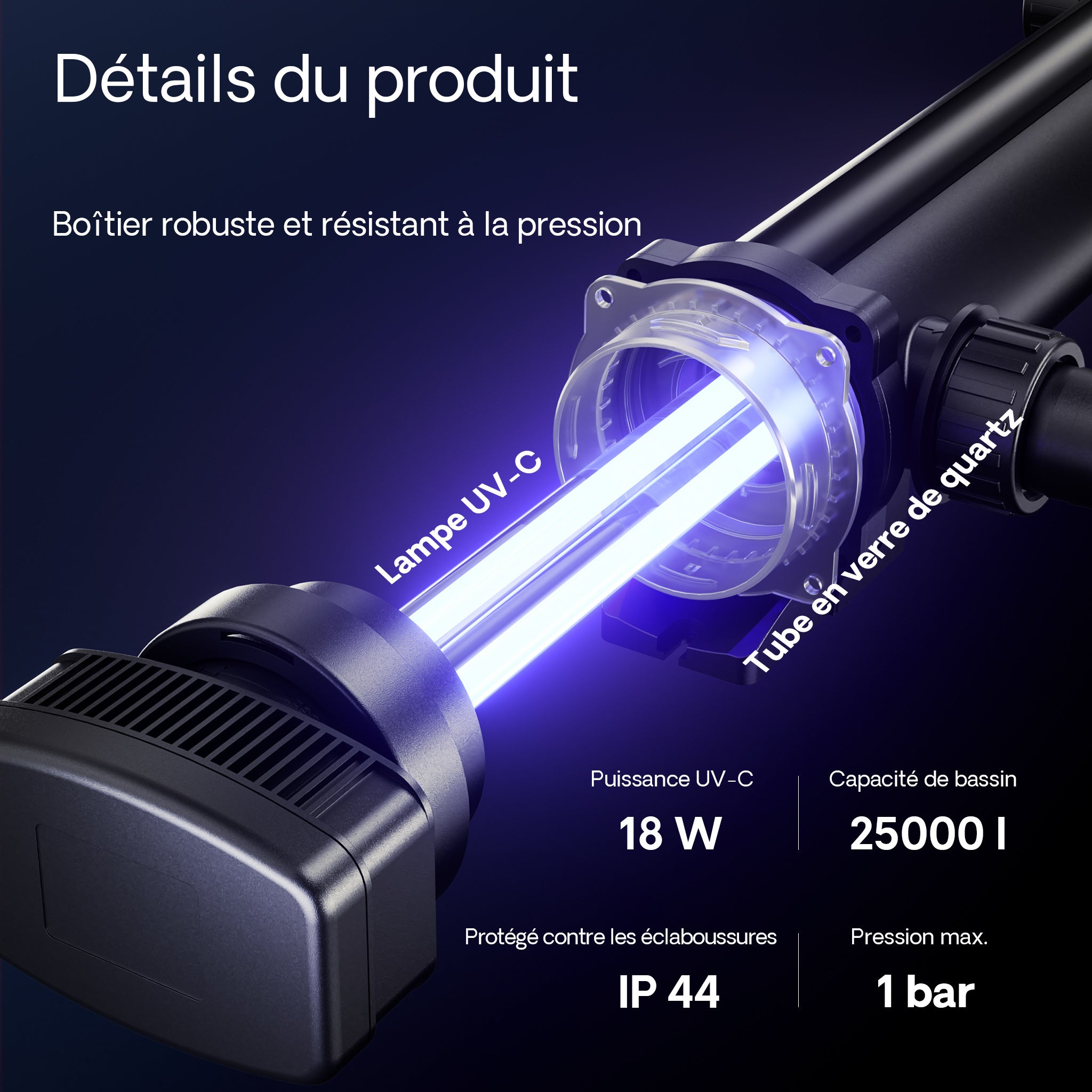 CUV-318 Stérilisateur Clarificateur de bassins ou d’étang - débit max. 3000 l/h - avec Lampe rayons UV-C 18 W + Miroir inox - pour Poissons… SunSun... - 5