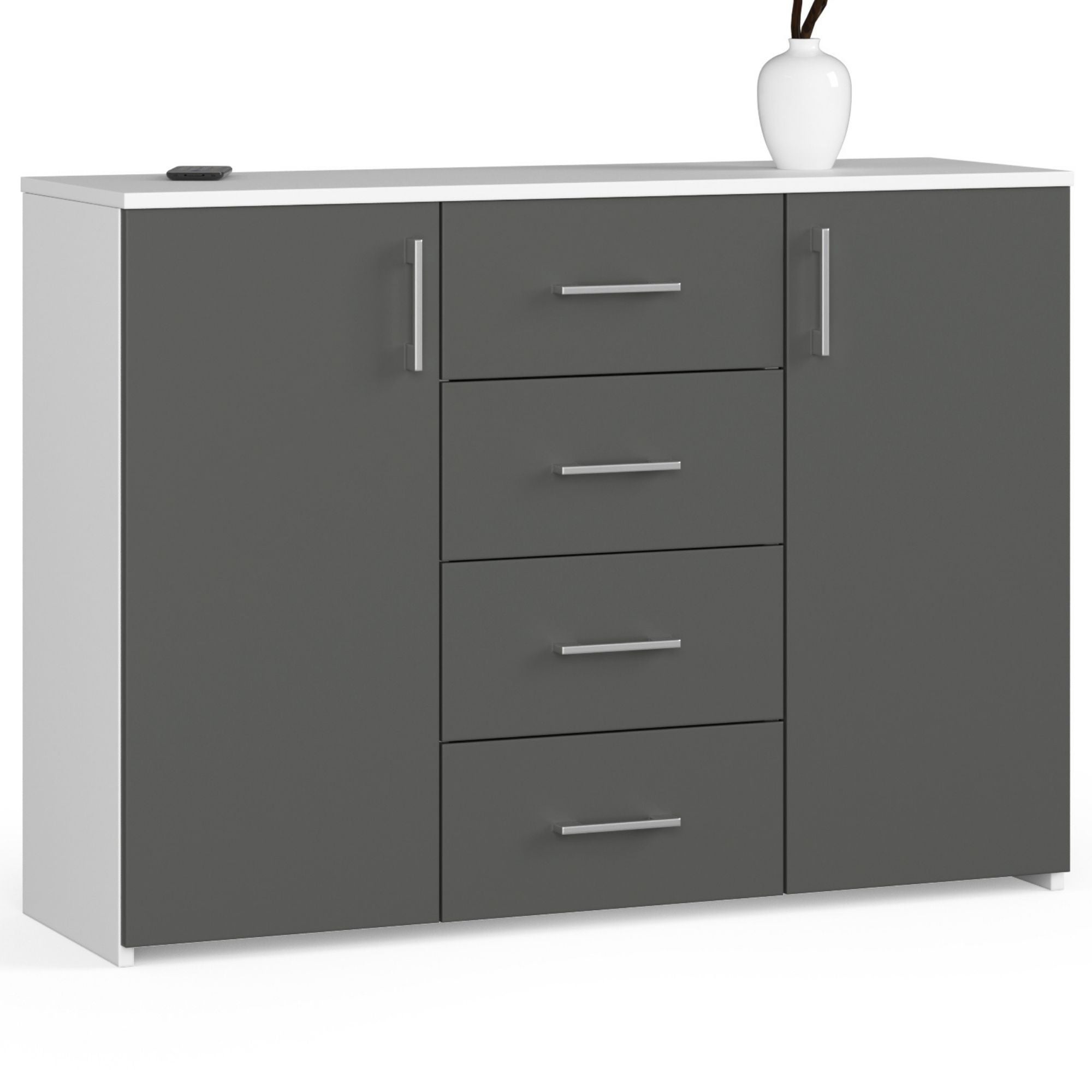 Komoda AKORD K45 Biała 110 cm 2 drzwi 4 szuflady kolor Grafit Szary mat 4 półki 110x35x80 cm