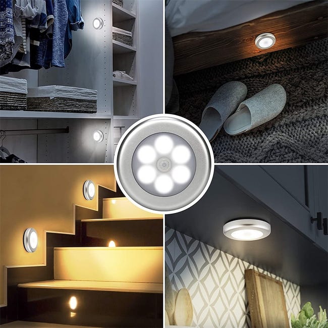 Set di 4 luci notturne a LED con sensore di movimento, illuminazione per armadi a batteria, luce bianca 6500K, per corridoio (batterie non incluse) | Leroy Merlin Set di 4 luci notturne a LED con sensore di movimento, illuminazione per armadi a batteria, luce bianca 6500K, per corridoio (batterie non incluse) | Leroy Merlin