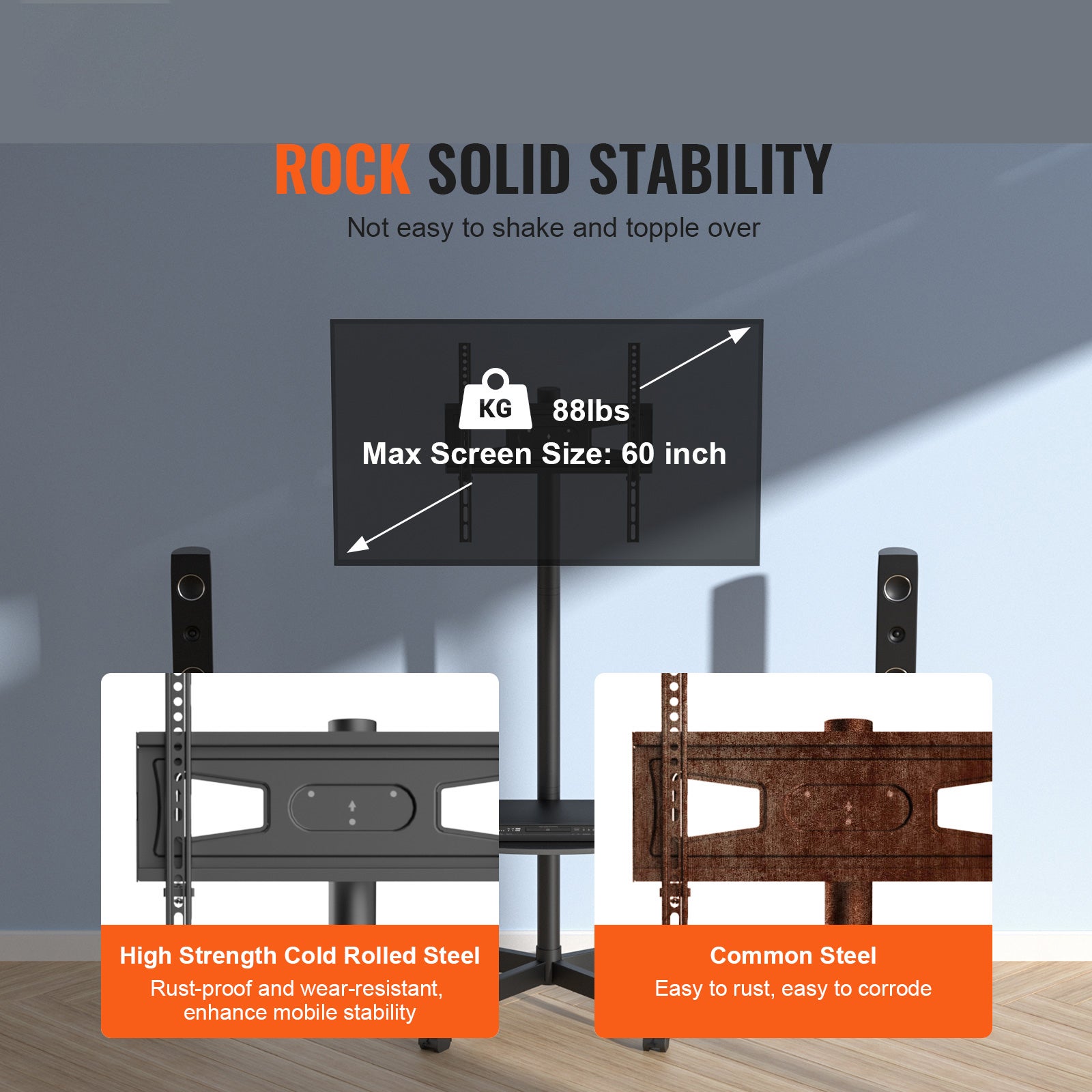 Support TV mobile réglable en hauteur,SucceBuy portable pour téléviseurs de 23 à 60 pouces. Avec roulettes et plateau pour appareils AV - 4