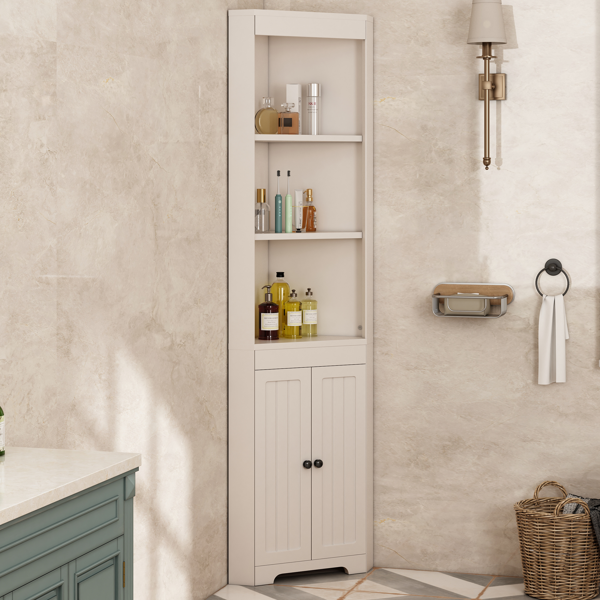 Mueble de baño esquinero - 2 puertas y 3 compartimentos abiertos - Madera MDF - Blanco - 4
