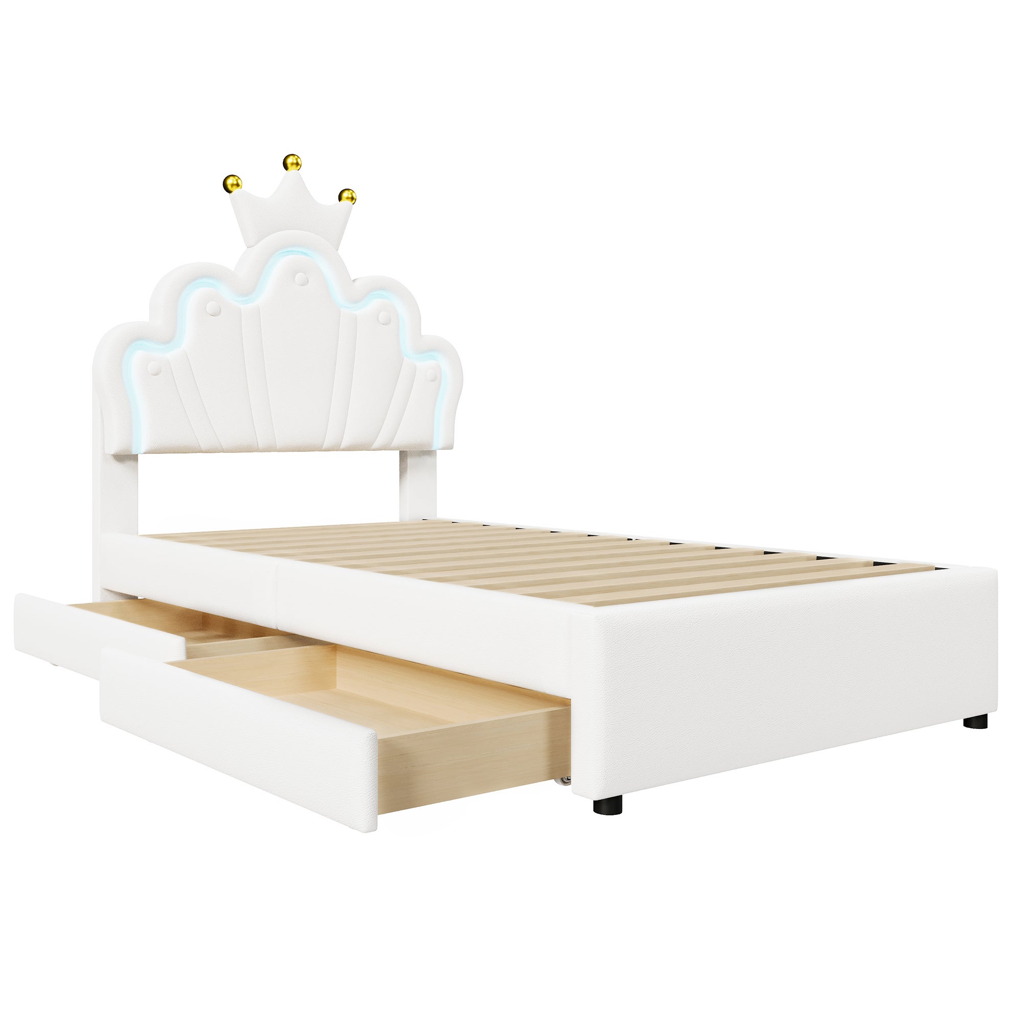 Łóżko pojedyncze z pojemnikiem 90 x 200 cm, łóżko pojedyncze z 2 szufladami, łóżko księżniczki w kształcie korony, skóra ekologiczna, białe - 6