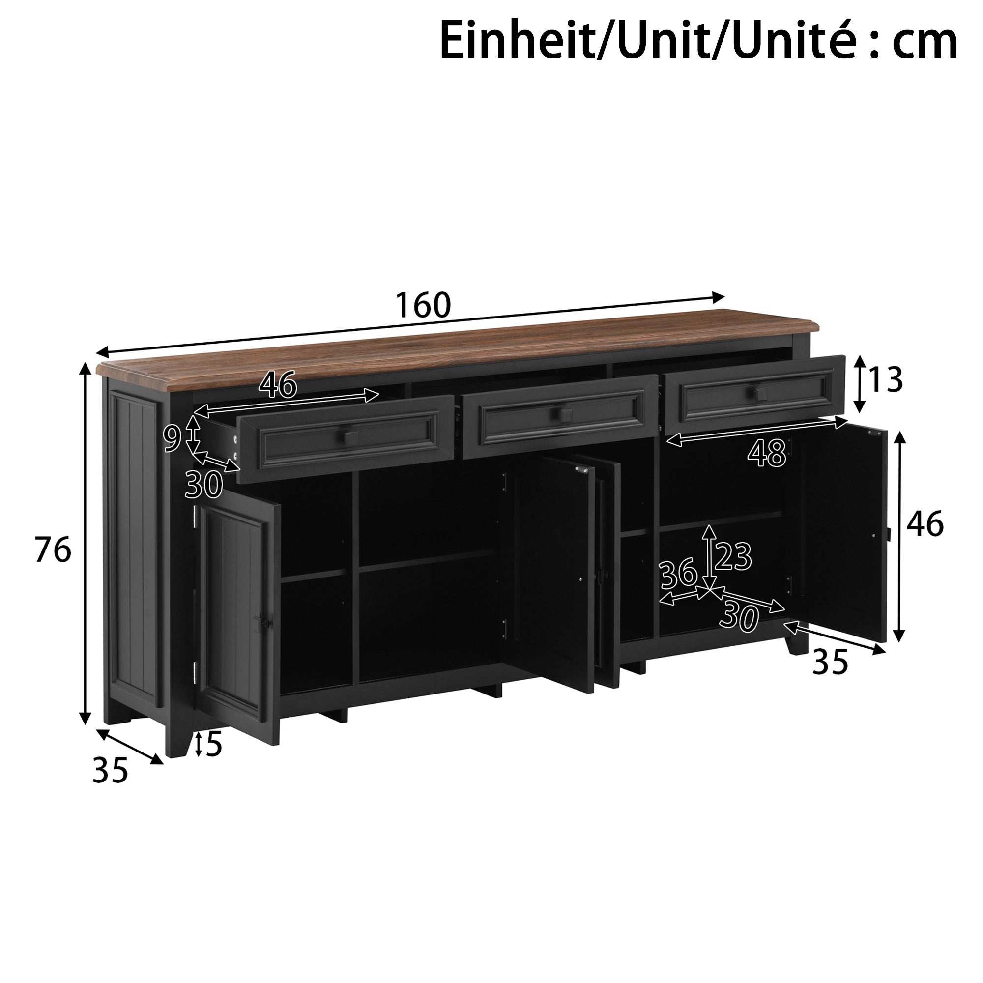 Nowoczesna komoda z 3 drzwiami i 2 szufladami - 160 x 35 x 76 cm - MDF - do salonu, kuchni - czarna - 5