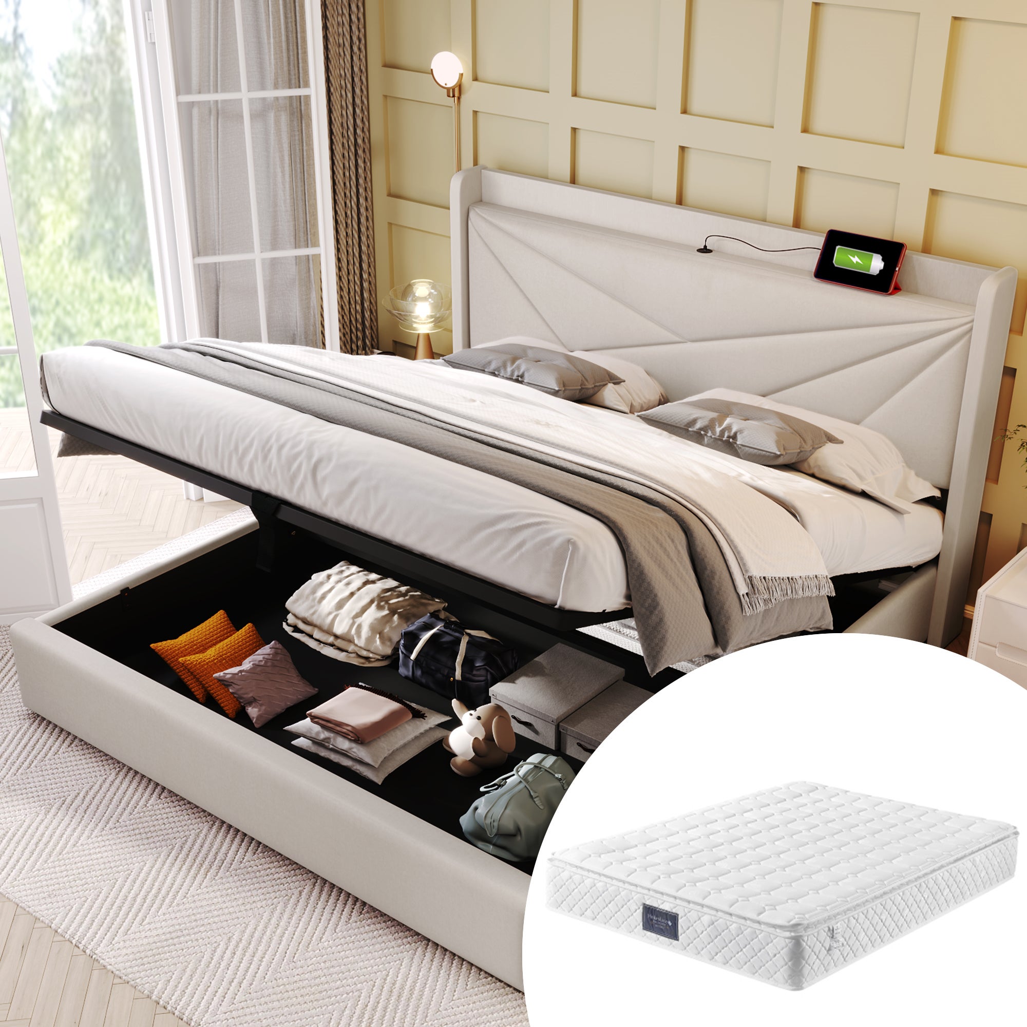 Lit rembourré lit double coffre de rangement avec fonction de charge USB Type C tête de lit, lits de rangement cadre de lit en lin lit jeune 140x200 - 8
