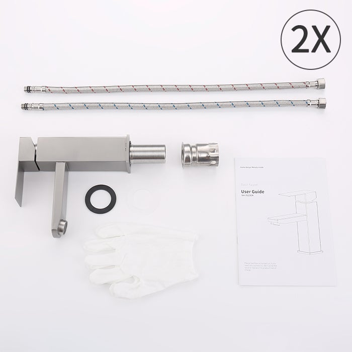 2x Robinet Salle de Bain Brossé Mitigeur Lavabo Gris Chaud & Froid Réglable, Robinet Lavabo avec Poignée Carré en Inox - 9