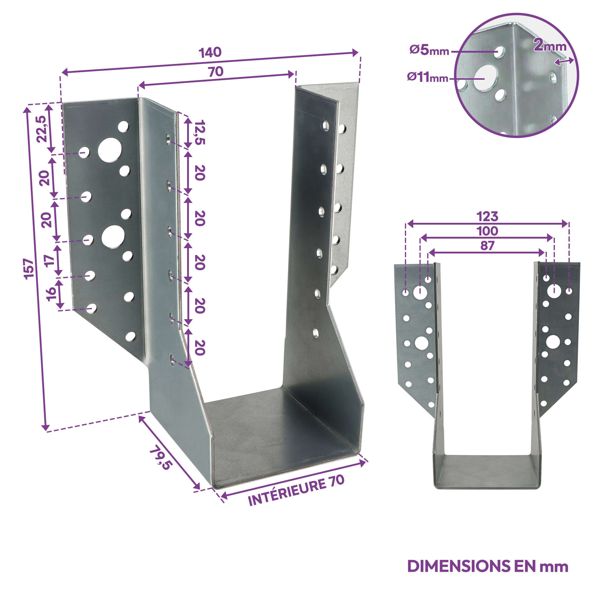 10 Sabots de charpente à ailes extérieures Connecteurs de poutres - Acier galvanisé - Larg 70 x Ht 157 mm - Fabriqué en Europe - 2