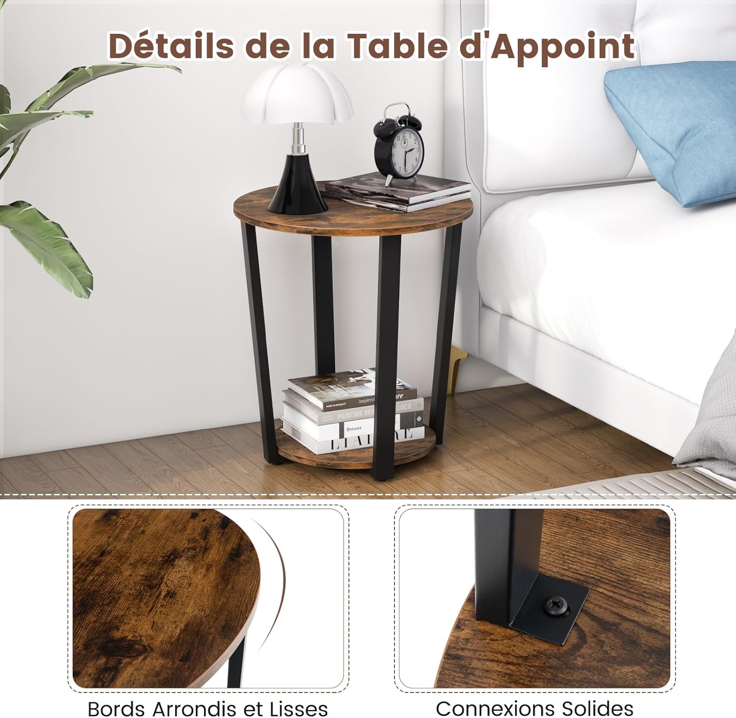 Bout de Canapé Rond à 2 Niveaux, Table d'Appoint avec Etagère de Rangement, Cadre en Métal, Style Industriel, Table Compacte(Marron Rustique) - 7