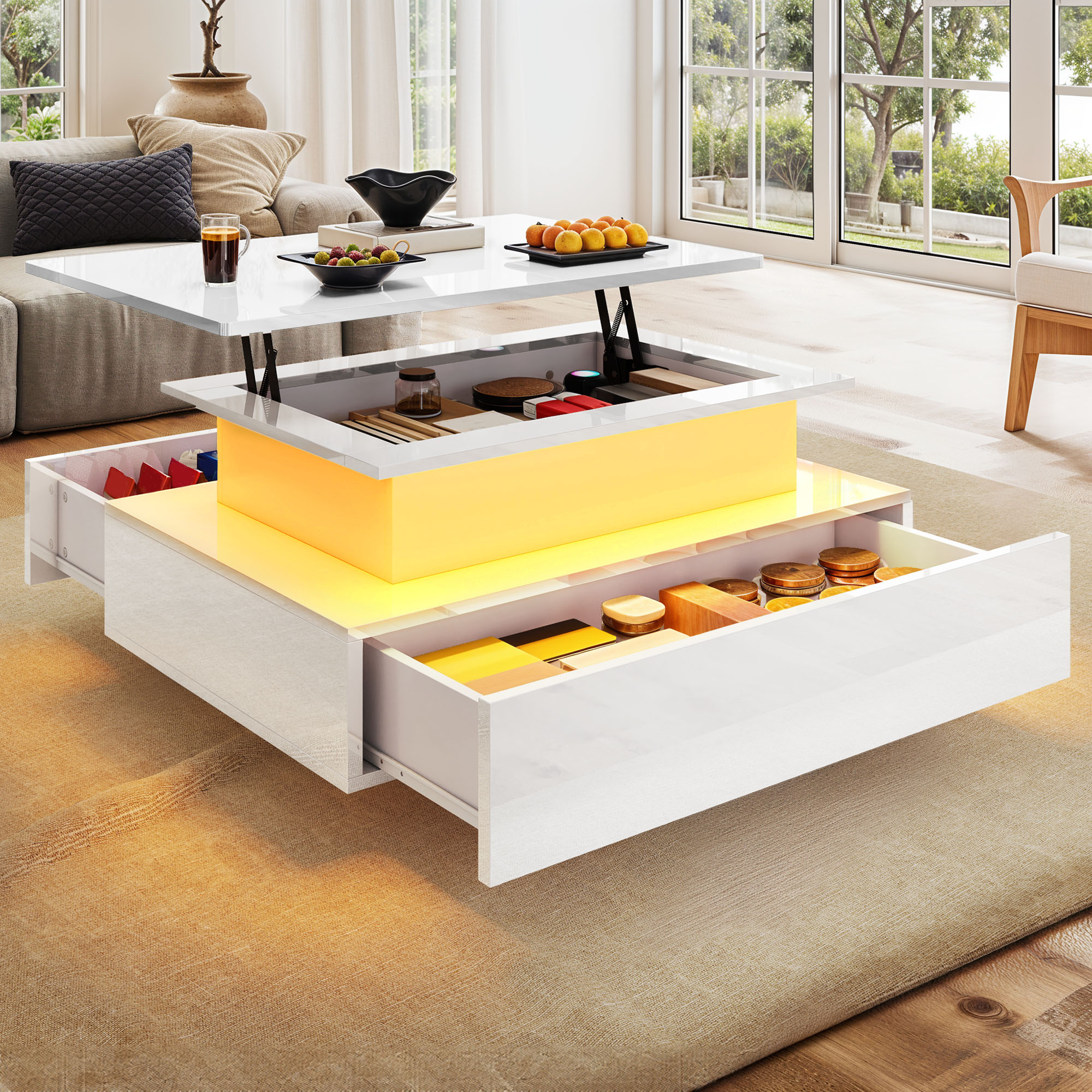 Balconera Table basse- Éclairage LED-2 tiroirs de rangement-85 x 55 x 56 cm- Blanc - 2