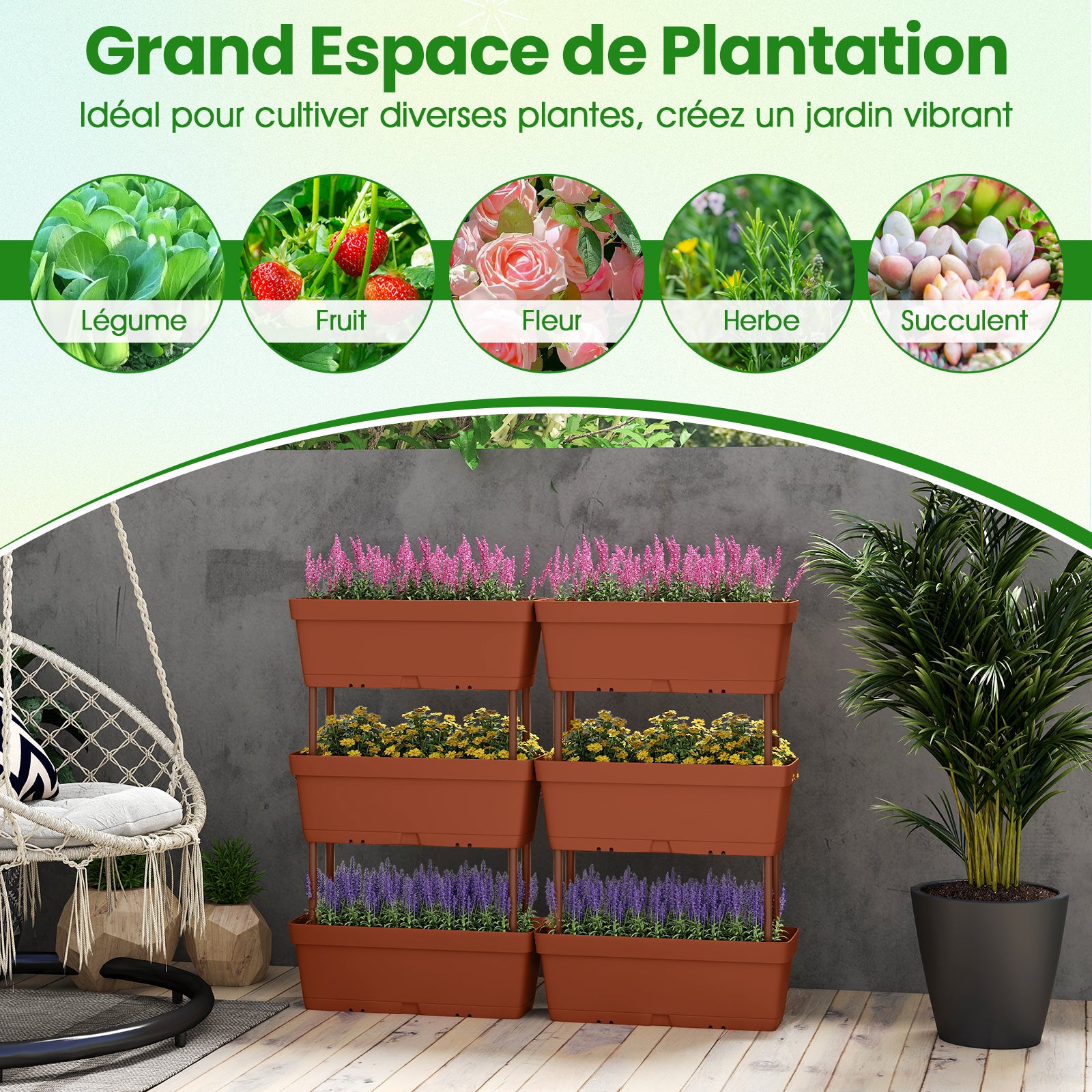 Jardinière Surélevée Vertical avec 6 Bacs de Plantation Trous de Drainage, Lit de Jardin Arrangement DIY pour Fruits Légumes Fleurs Herbes, Marron - 8