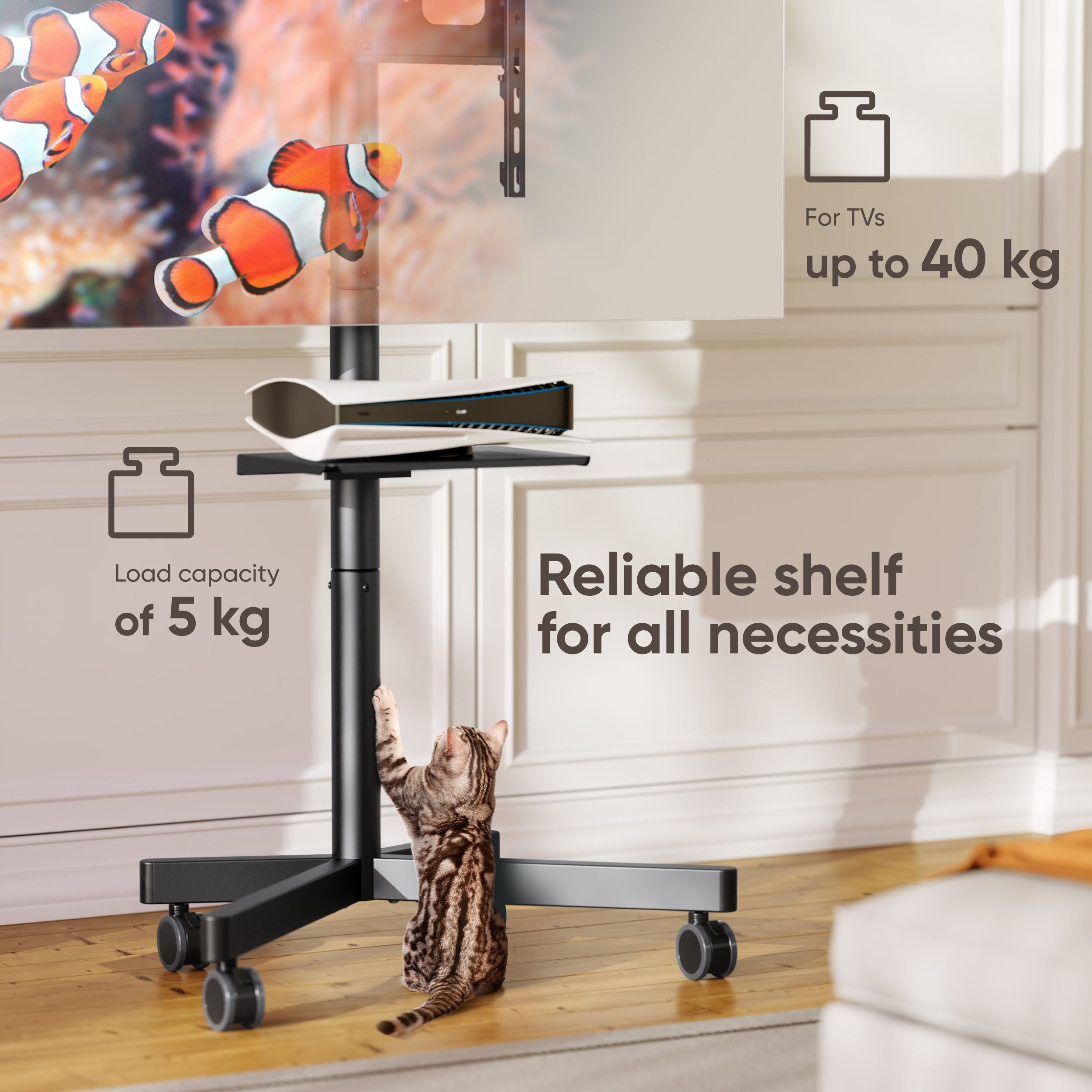 ONKRON Pied TV Universel Roulettes pour Ecran 23-60 Pouces, Support TV jusqu'à 40 kg Mobile sur Pied Max VESA 400x400 / Hauteur Réglable TS1137-B Noir - 4
