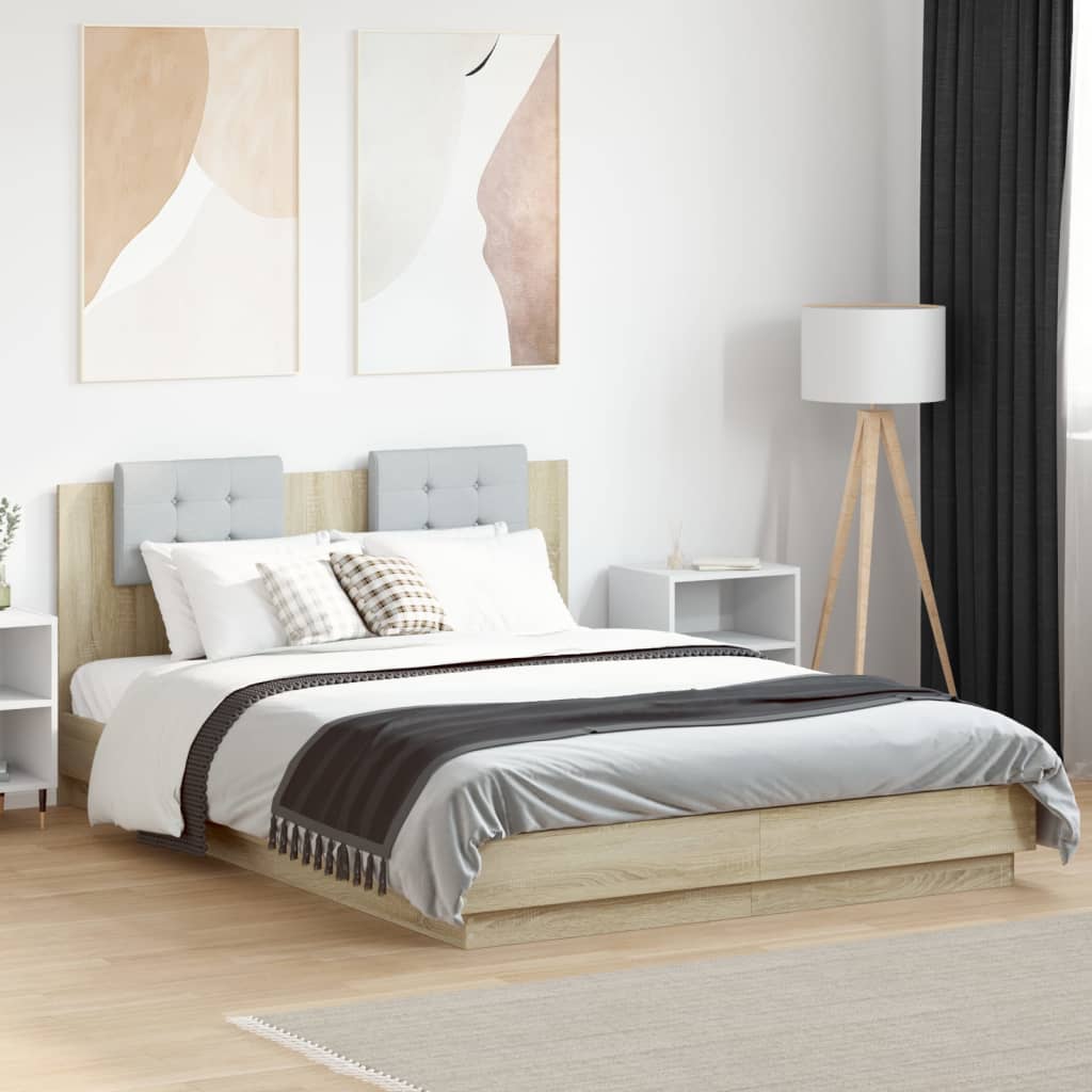 Cadre de lit tête de lit et lumières LED sonoma gris 200x200 cm | Leroy